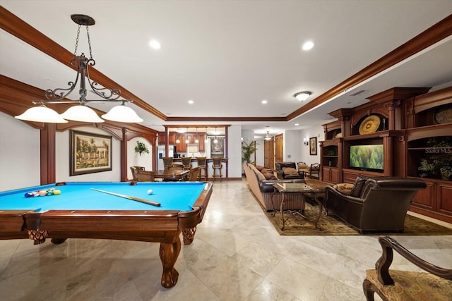 202 Windward Psge Unit 304, Clearwater Beach, FL 33767 - playroom with billiards, crown molding, a raised ceiling, and recessed lighting