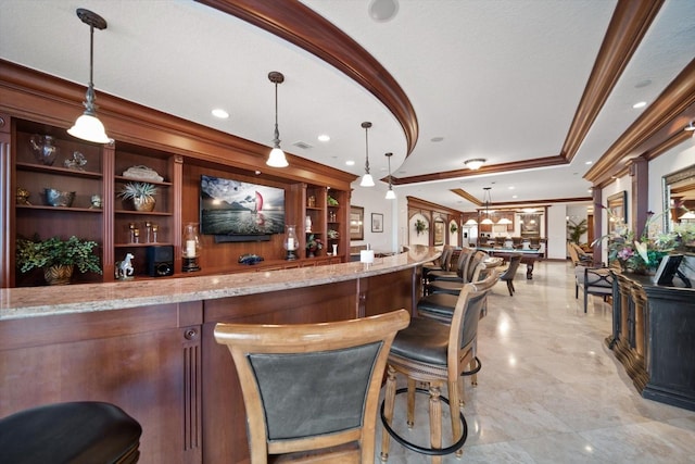 202 Windward Psge Unit 304, Clearwater Beach, FL 33767 - community bar area with crown molding, pendant lighting, and recessed lighting