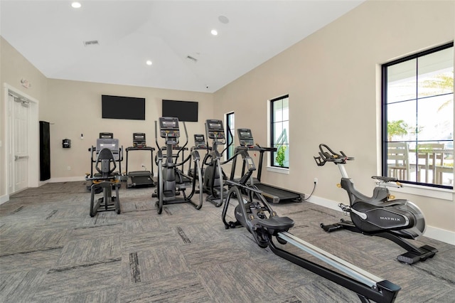 3504 Golden Wheat Ln, Plant City, FL 33565 - gym featuring carpet floors, healthy amount of natural light, baseboards, recessed lighting, and high vaulted ceiling