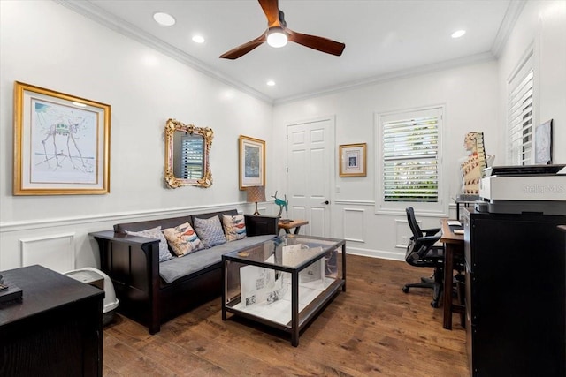 home office with wood finished floors, a ceiling fan, and ornamental molding