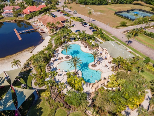drone / aerial view featuring a water view