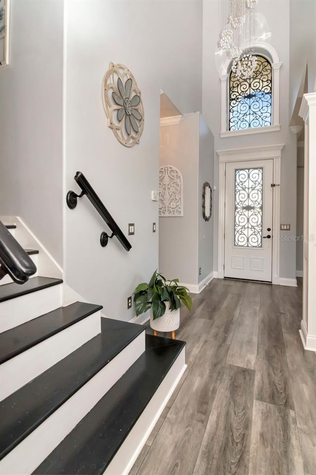 foyer featuring a towering ceiling, wood finished floors, and baseboards
