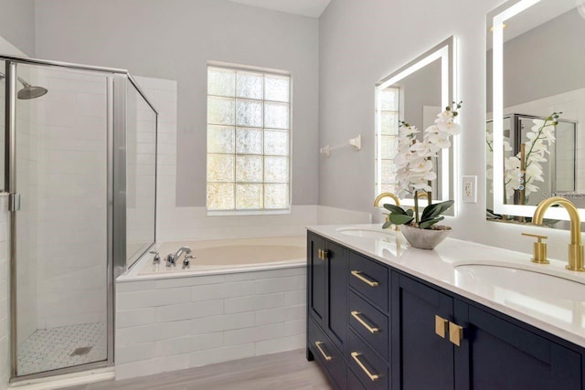 full bathroom with a garden tub, a shower stall, a healthy amount of sunlight, and a sink