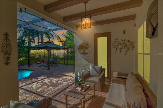 exterior space with outdoor dining space, an outdoor pool, an outdoor hangout area, and glass enclosure