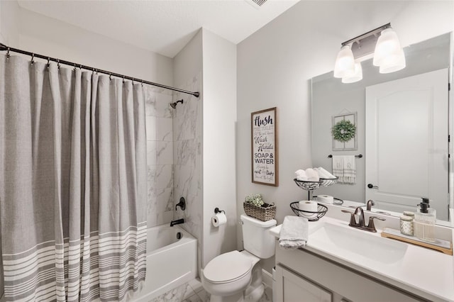 bathroom with vanity, marble finish floor, shower / bathtub combination with curtain, and toilet
