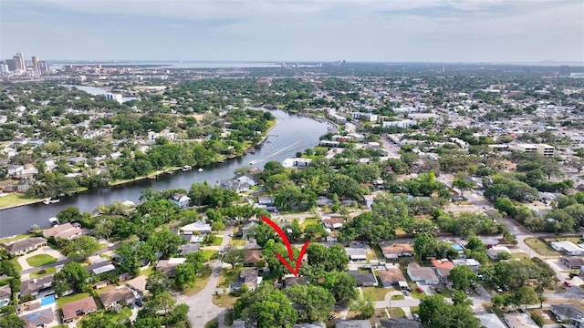 bird's eye view featuring a residential view and a water view