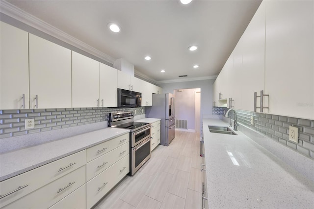 kitchen with white cabinets, a sink, backsplash, appliances with stainless steel finishes, and ornamental molding