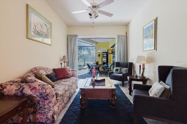 11209 Pocket Brook Dr, Tampa, FL 33635 - living area with a ceiling fan and a textured ceiling