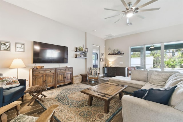 11852 Lake Lucaya Dr, Riverview, FL 33579 - living area with a ceiling fan, wood finished floors, and visible vents