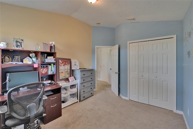 13421 Sydney Rd, Valrico, FL 33594 - home office with baseboards, lofted ceiling, visible vents, and light carpet
