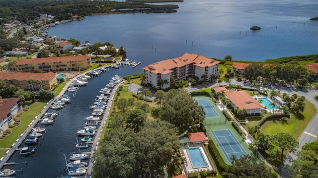 drone / aerial view with a water view