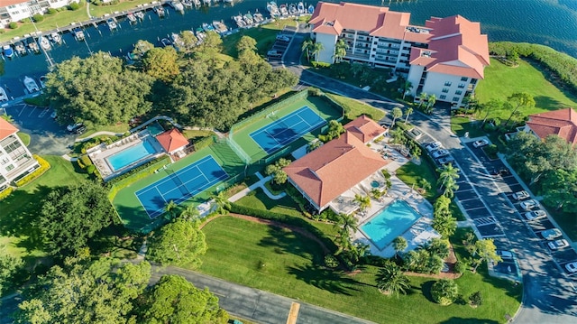drone / aerial view with a water view