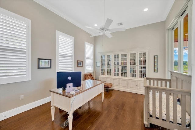 bedroom featuring crown molding, recessed lighting, baseboards, dark wood-type flooring, and visible vents