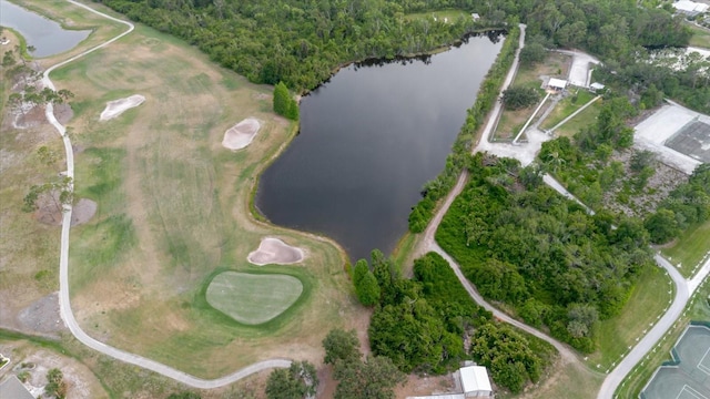 aerial view with a water view and golf course view