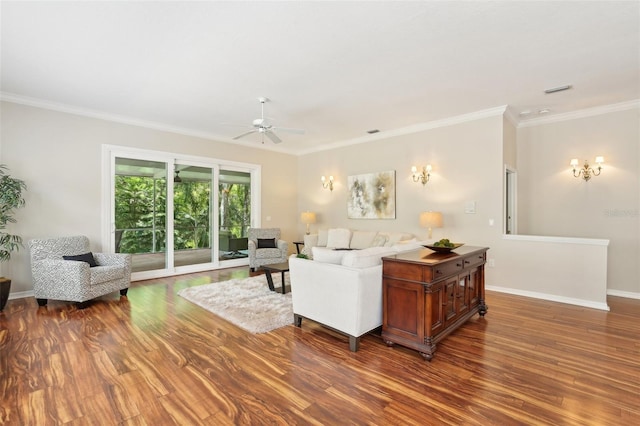 15324 Sherwood Forest Dr, Tampa, FL 33647 - living room with ceiling fan, wood finished floors, ornamental molding, and baseboards