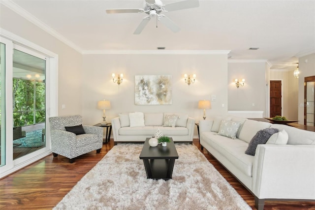 15324 Sherwood Forest Dr, Tampa, FL 33647 - living room with dark wood-style floors, ornamental molding, and ceiling fan