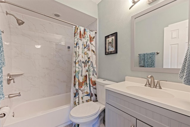 bathroom featuring toilet, vanity, and shower / bath combination with curtain