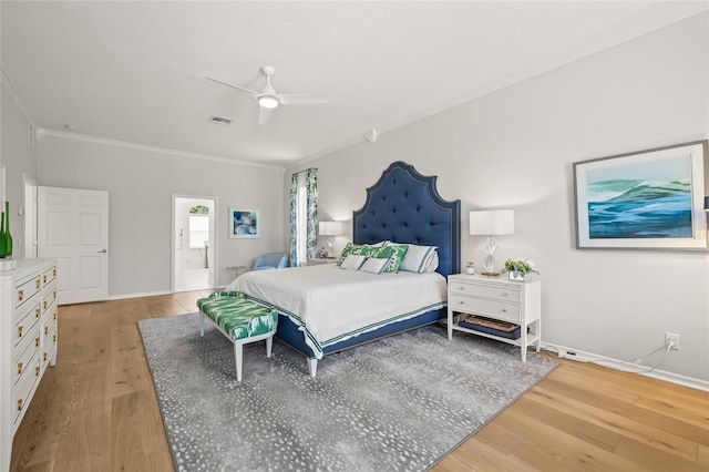 bedroom featuring visible vents, light wood-style floors, crown molding, baseboards, and ceiling fan