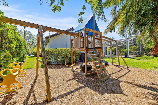 view of play area featuring a lawn
