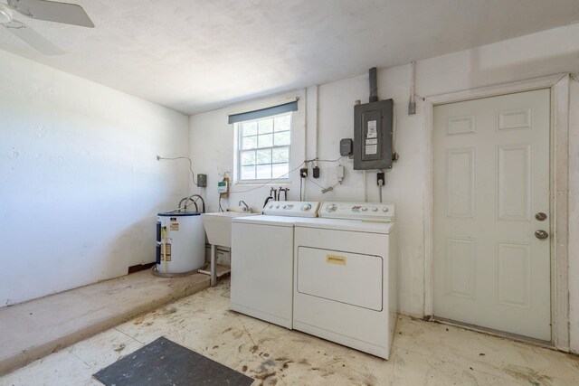 10137 Oleander Dr, Port Richey, FL 34668 - laundry area with water heater, electric panel, washer and dryer, a sink, and ceiling fan