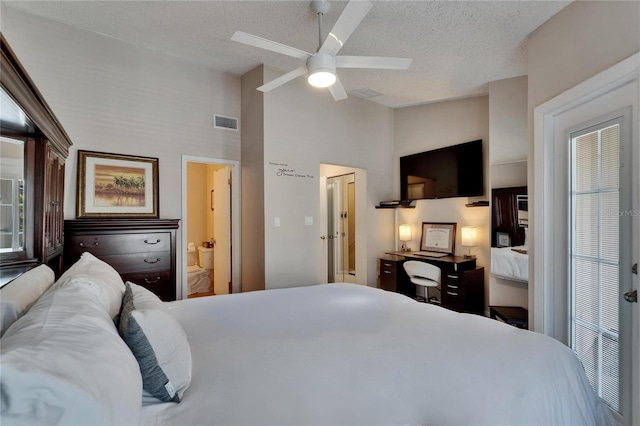 17960 Gulf Blvd Unit 111, Redington Shores, FL 33708 - bedroom featuring visible vents, ensuite bathroom, high vaulted ceiling, a textured ceiling, and a ceiling fan