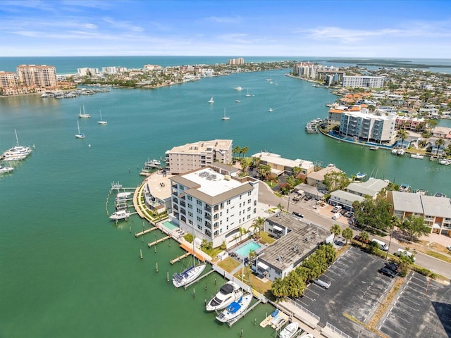 aerial view featuring a water view and a city view