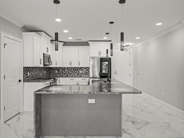 kitchen with crown molding, marble finish floor, stainless steel appliances, recessed lighting, and backsplash