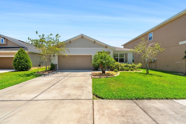 ranch-style house featuring an attached garage, stucco siding, driveway, and a front yard