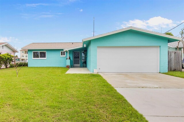ranch-style house featuring concrete driveway, fence, a garage, and a front yard