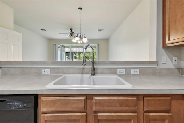 kitchen featuring dishwasher, a notable chandelier, a sink, and visible vents