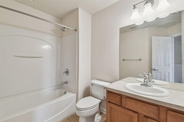 bathroom with tile patterned flooring, toilet, vanity, and bathing tub / shower combination