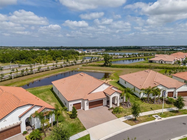 aerial view featuring a water view
