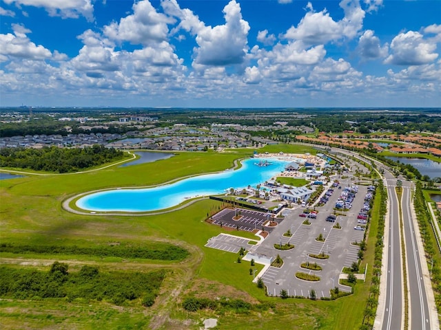 birds eye view of property featuring a water view