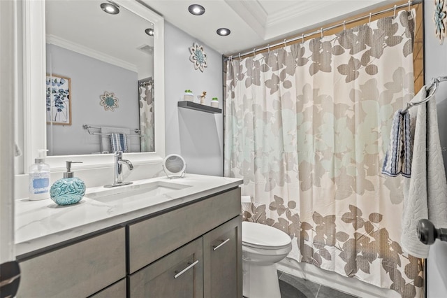 1344 Dartmouth Dr, Holiday, FL 34691 - full bathroom featuring recessed lighting, visible vents, toilet, vanity, and crown molding