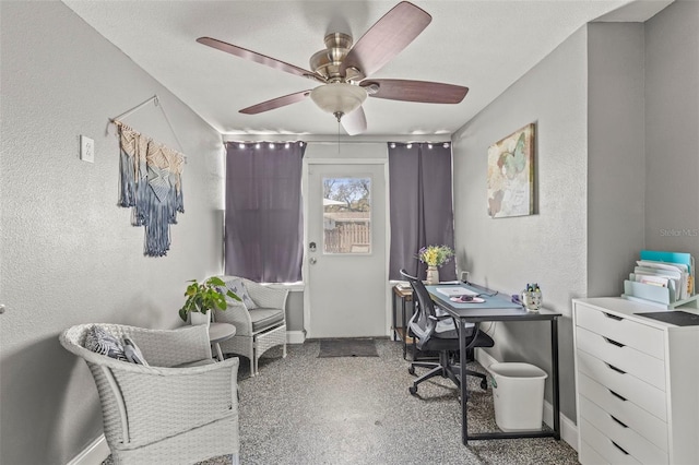 1344 Dartmouth Dr, Holiday, FL 34691 - office area with a textured wall, a ceiling fan, and baseboards