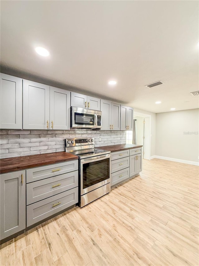 8648 78th Pl, Seminole, FL 33777 - kitchen featuring wood counters, stainless steel appliances, gray cabinets, and recessed lighting