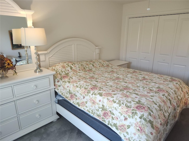 bedroom with dark colored carpet and a closet