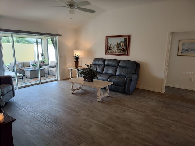 6030 Dijulio Ter, The Villages, FL 32163 - living area featuring lofted ceiling, baseboards, ceiling fan, and wood finished floors