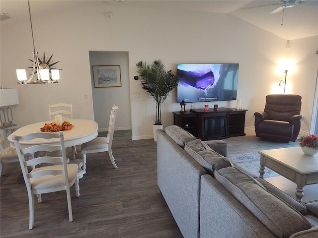 6030 Dijulio Ter, The Villages, FL 32163 - living room featuring lofted ceiling, baseboards, a ceiling fan, and dark wood-type flooring