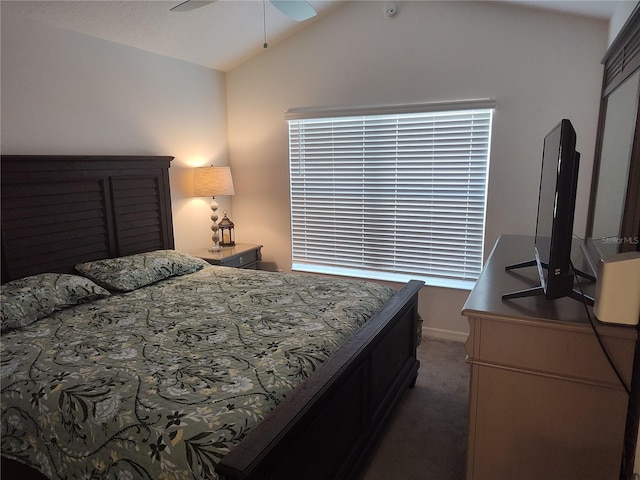 6030 Dijulio Ter, The Villages, FL 32163 - bedroom with carpet flooring, vaulted ceiling, baseboards, and a ceiling fan