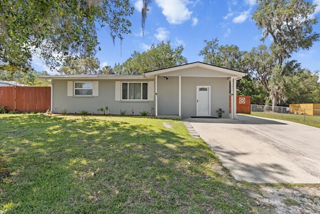 ranch-style home with a front yard, stucco siding, and fence