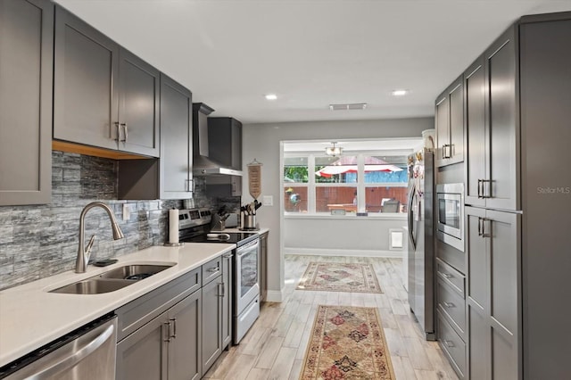 kitchen with stainless steel appliances, a sink, tasteful backsplash, visible vents, and light countertops