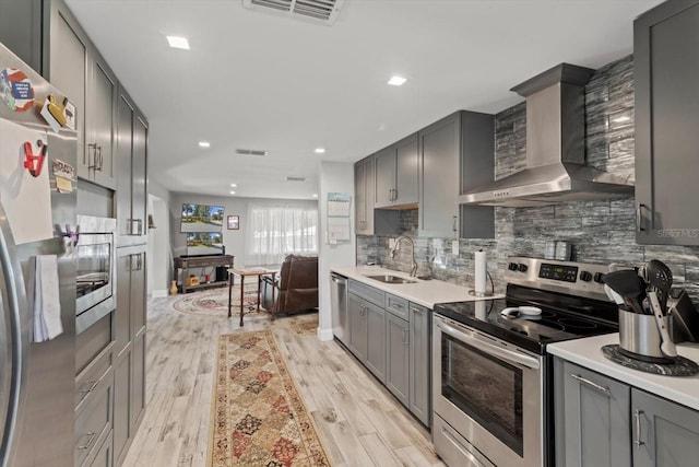 kitchen featuring wall chimney exhaust hood, stainless steel appliances, gray cabinetry, and a sink