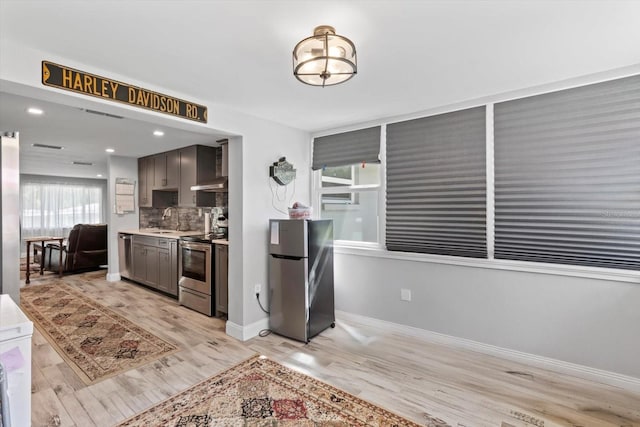 kitchen with stainless steel appliances, a sink, tasteful backsplash, light wood-type flooring, and extractor fan