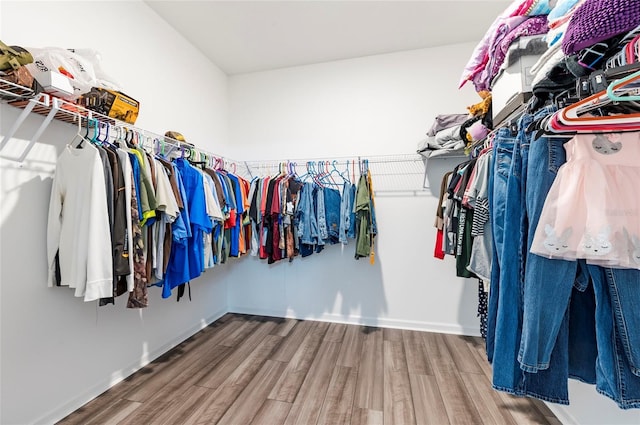 walk in closet with wood finished floors