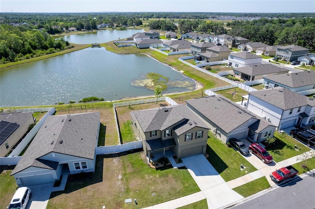 bird's eye view with a residential view and a water view