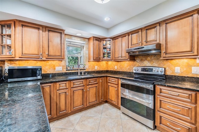 6821 Mary Lou Ln, Wesley Chapel, FL 33544 - kitchen featuring brown cabinetry, a sink, appliances with stainless steel finishes, and under cabinet range hood