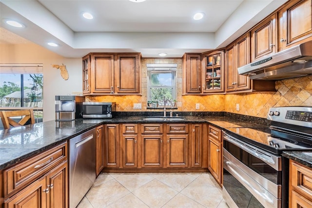 6821 Mary Lou Ln, Wesley Chapel, FL 33544 - kitchen featuring dark stone counters, under cabinet range hood, brown cabinets, a sink, and appliances with stainless steel finishes