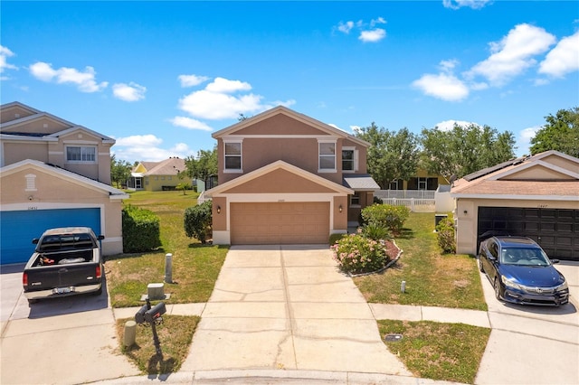 11449 Crestlake Village Dr, Riverview, FL 33569 - traditional-style home featuring a residential view, concrete driveway, a front lawn, and stucco siding