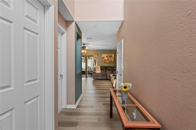 11449 Crestlake Village Dr, Riverview, FL 33569 - corridor featuring baseboards, a textured wall, and wood finished floors